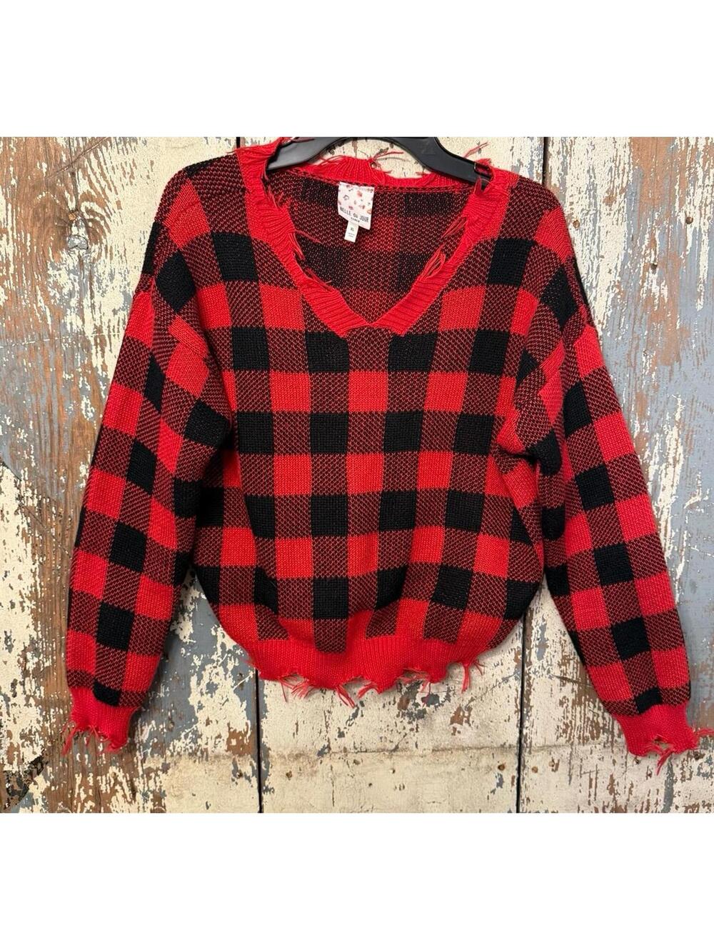 Girls BELLE du JOUR buffalo red black plaid sweater, size XL